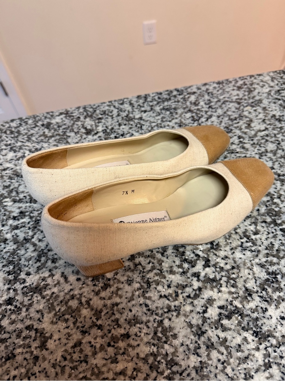 Etienne Aigner Beige Canvas Flats with Tan Toe